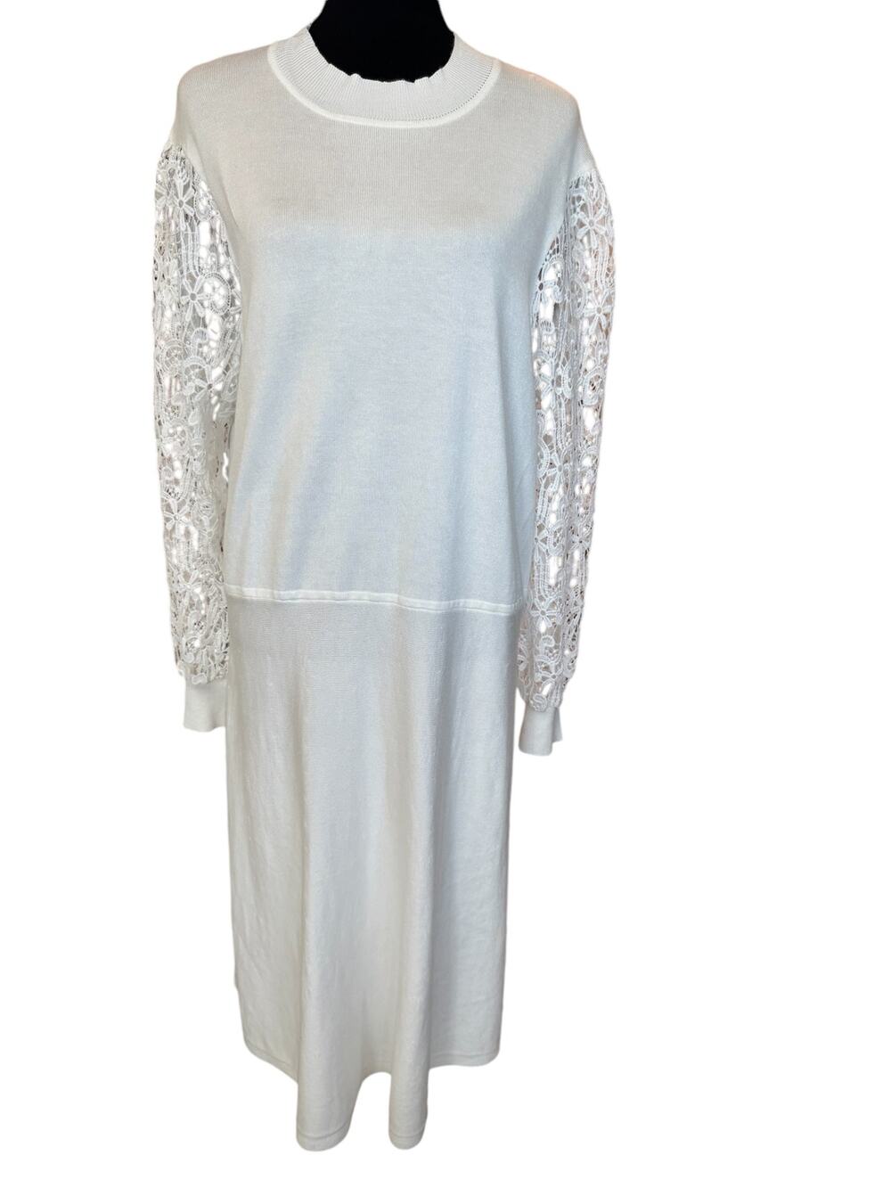 New ~ NINA LEONARD ~ Mockneck Lace-Sleeve Sweater Dress Size 2X White
